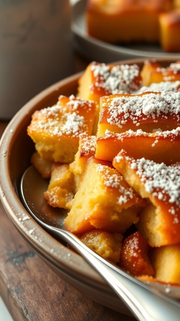 Classic Bread Pudding Recipe A bowl of golden-brown bread pudding dusted with powdered sugar, served with a spoon in a cozy kitchen.